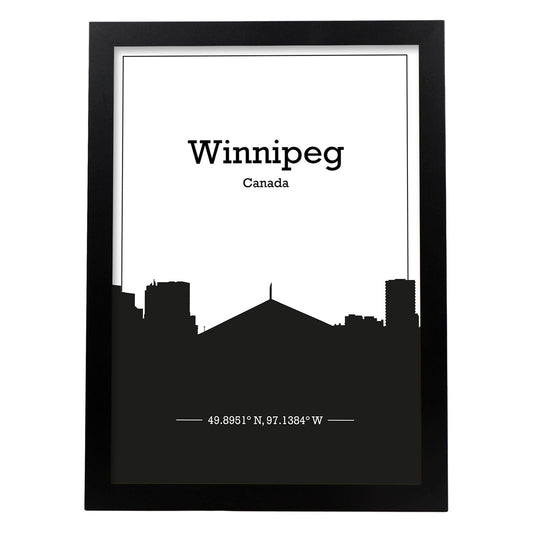 Poster con mapa de Winnipeg - Canada. Láminas con Skyline de ciudades de Estados Unidos, Canada, Mexico con sombra negra.-Artwork-Nacnic-A4-Marco Negro-Nacnic Estudio SL