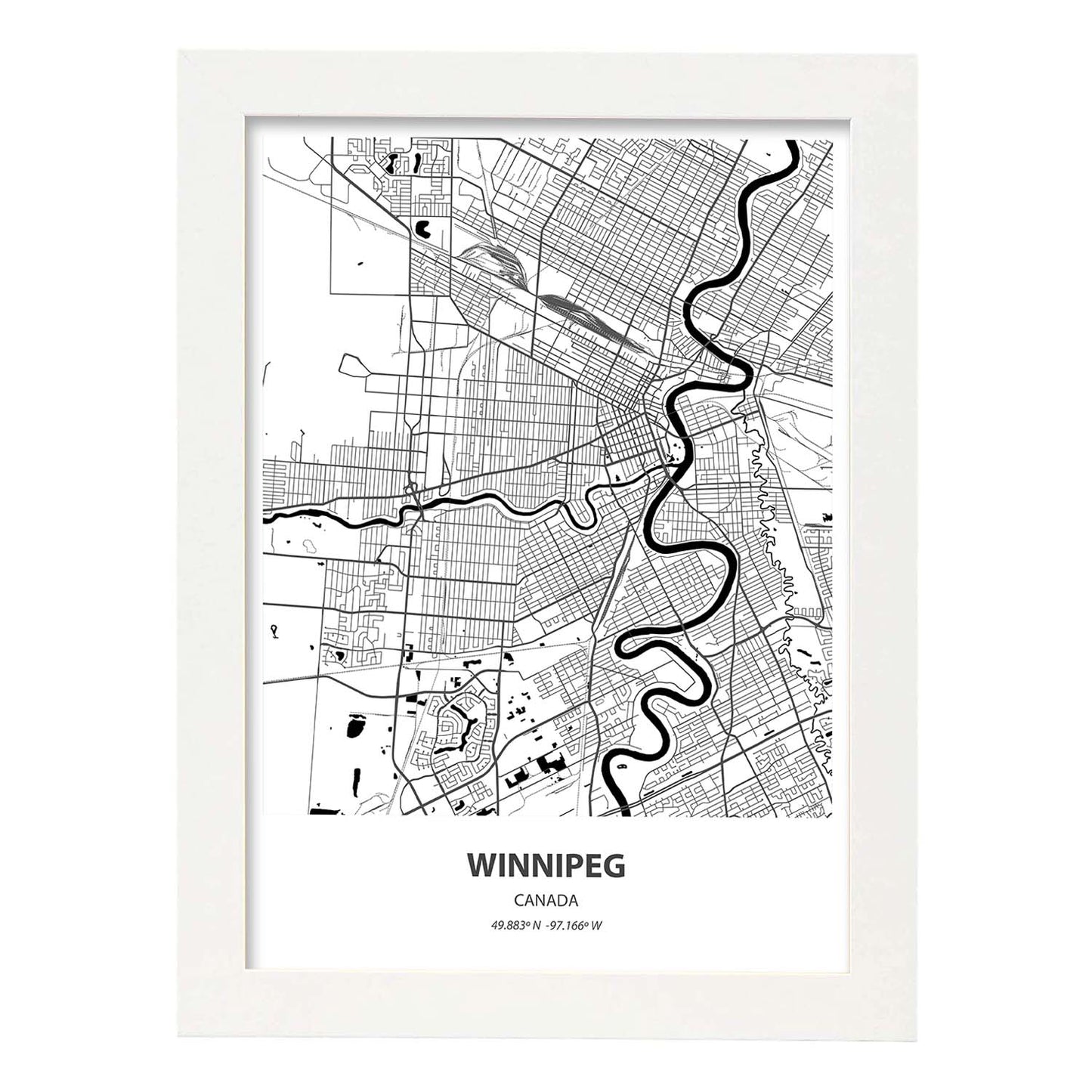Poster con mapa de Winnipeg - Canada. Láminas de ciudades de Canada con mares y ríos en color negro.-Artwork-Nacnic-A3-Marco Blanco-Nacnic Estudio SL