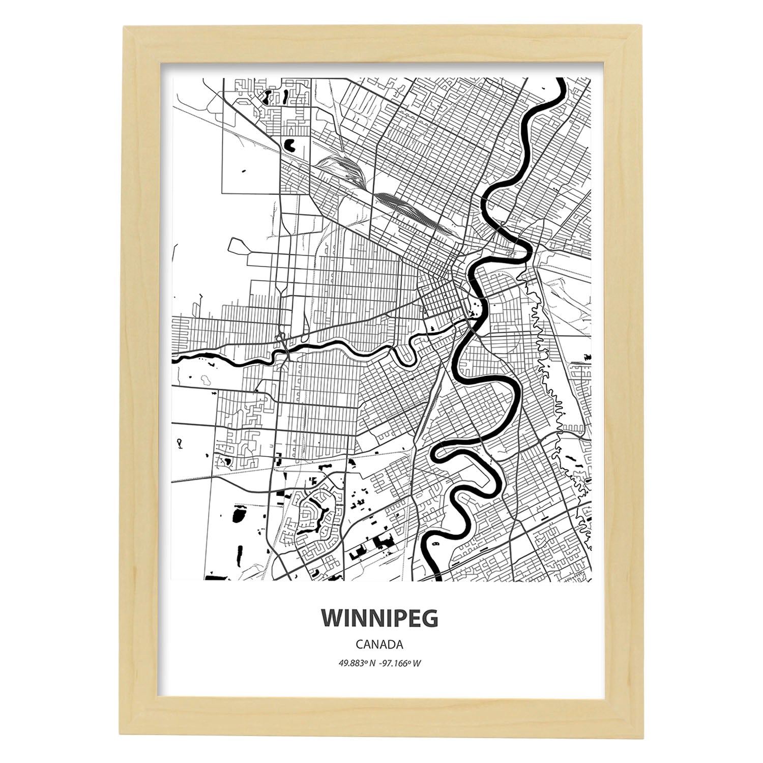 Poster con mapa de Winnipeg - Canada. Láminas de ciudades de Canada con mares y ríos en color negro.-Artwork-Nacnic-A3-Marco Madera clara-Nacnic Estudio SL
