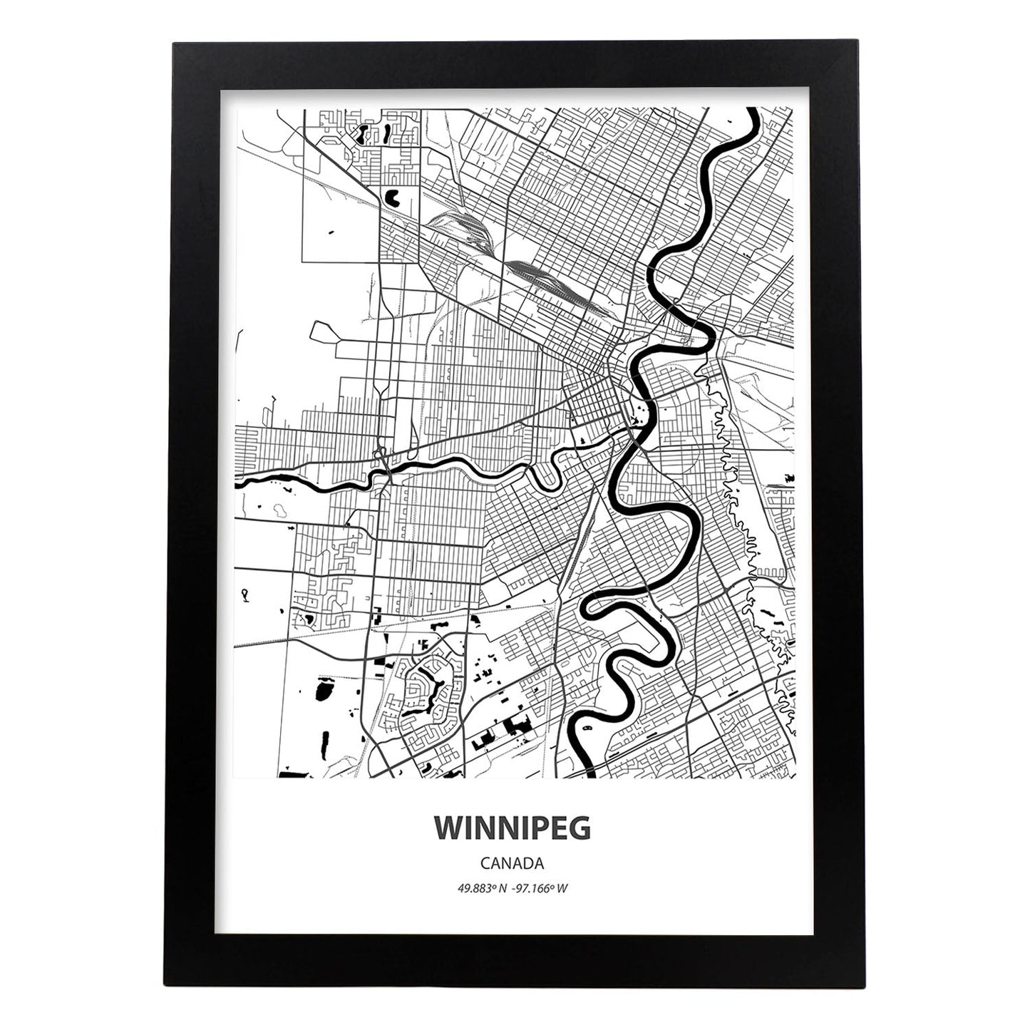 Poster con mapa de Winnipeg - Canada. Láminas de ciudades de Canada con mares y ríos en color negro.-Artwork-Nacnic-A3-Marco Negro-Nacnic Estudio SL