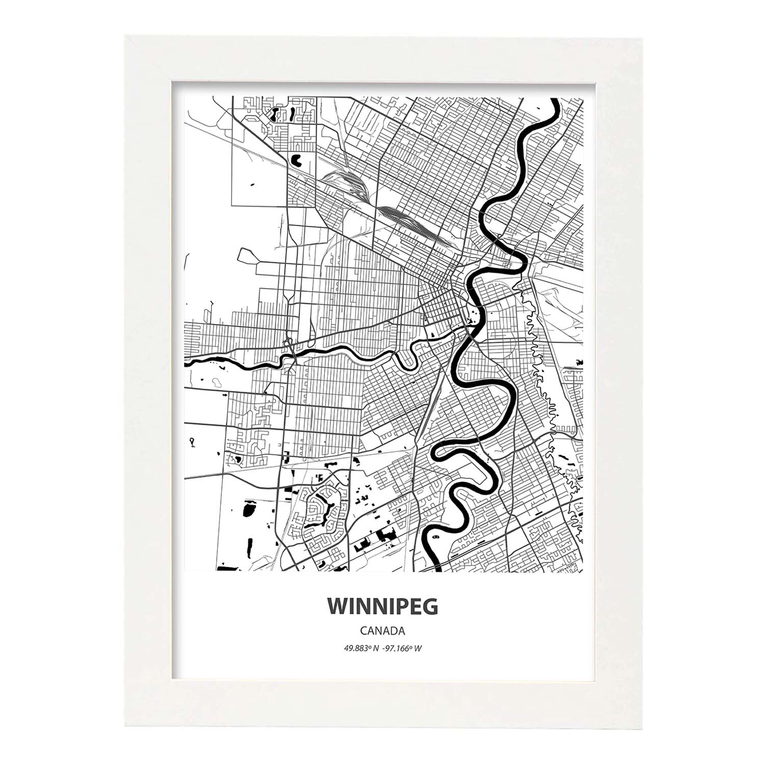 Poster con mapa de Winnipeg - Canada. Láminas de ciudades de Canada con mares y ríos en color negro.-Artwork-Nacnic-A4-Marco Blanco-Nacnic Estudio SL