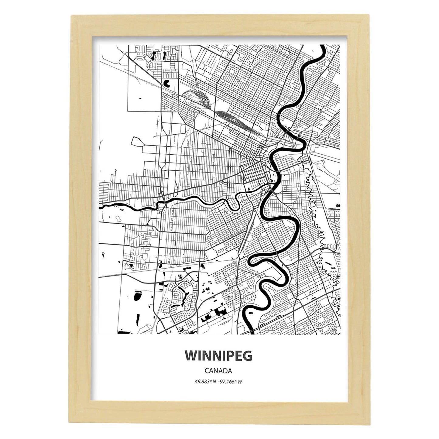 Poster con mapa de Winnipeg - Canada. Láminas de ciudades de Canada con mares y ríos en color negro.-Artwork-Nacnic-A4-Marco Madera clara-Nacnic Estudio SL