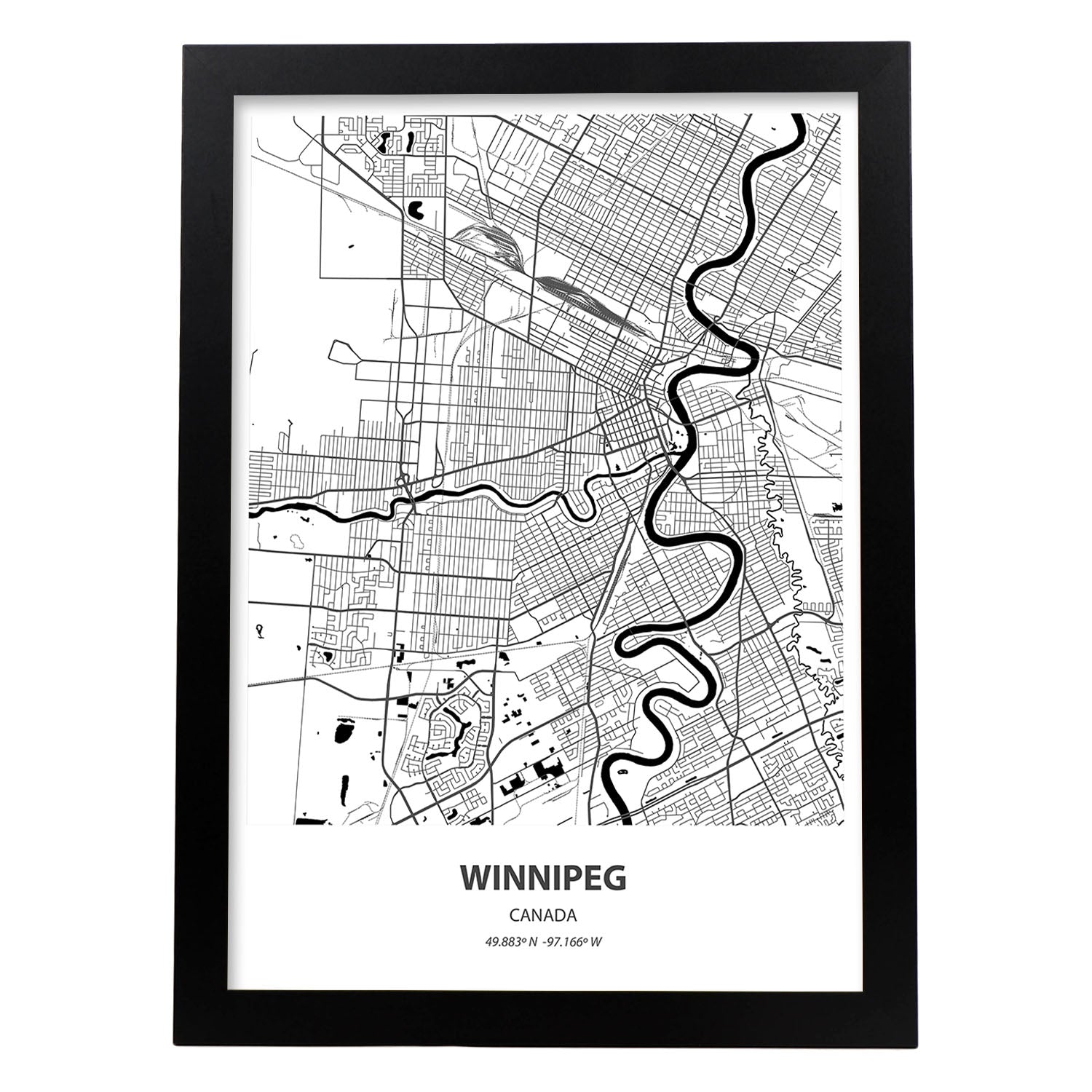 Poster con mapa de Winnipeg - Canada. Láminas de ciudades de Canada con mares y ríos en color negro.-Artwork-Nacnic-A4-Marco Negro-Nacnic Estudio SL