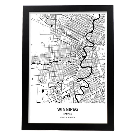 Poster con mapa de Winnipeg - Canada. Láminas de ciudades de Canada con mares y ríos en color negro.-Artwork-Nacnic-A4-Marco Negro-Nacnic Estudio SL