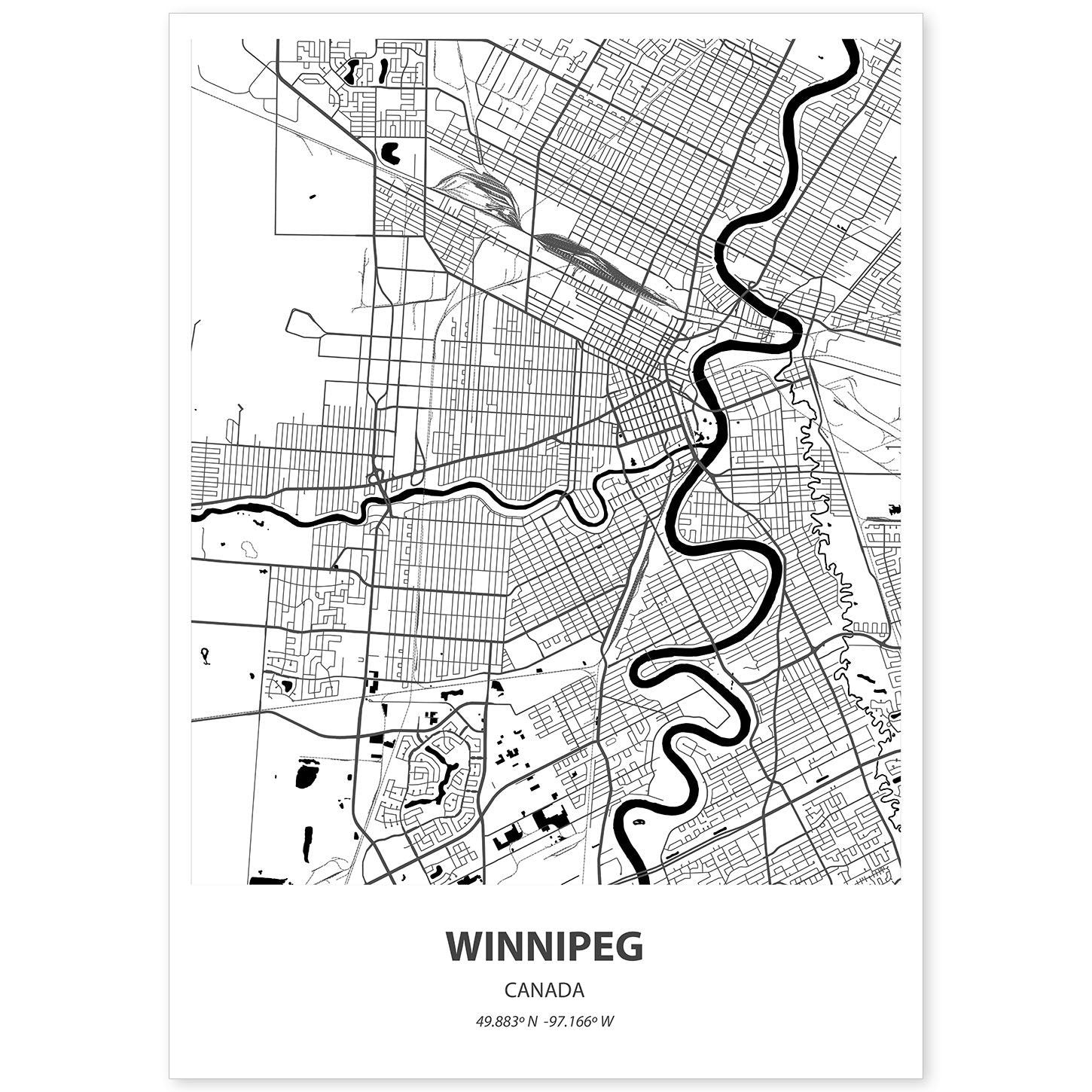 Poster con mapa de Winnipeg - Canada. Láminas de ciudades de Canada con mares y ríos en color negro.-Artwork-Nacnic-A4-Sin marco-Nacnic Estudio SL