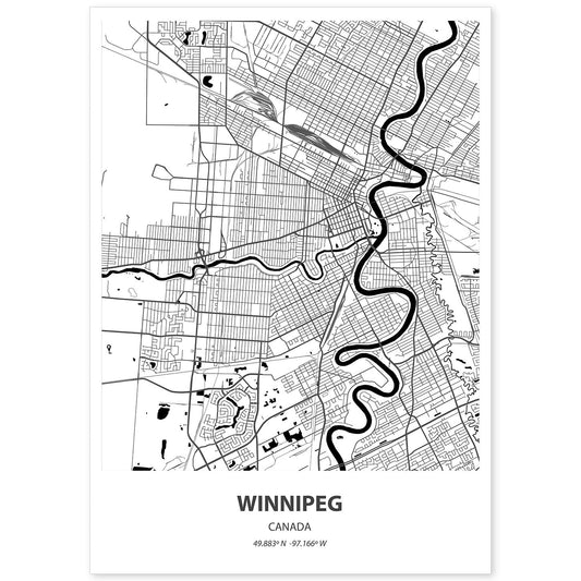 Poster con mapa de Winnipeg - Canada. Láminas de ciudades de Canada con mares y ríos en color negro.-Artwork-Nacnic-A4-Sin marco-Nacnic Estudio SL