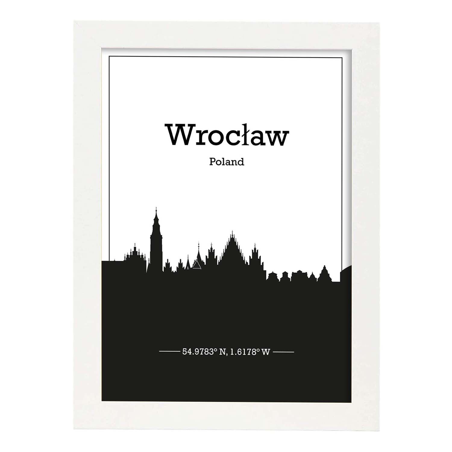 Poster con mapa de Wroclaw - Polonia. Láminas con Skyline de ciudades de Europa con sombra negra.-Artwork-Nacnic-A3-Marco Blanco-Nacnic Estudio SL