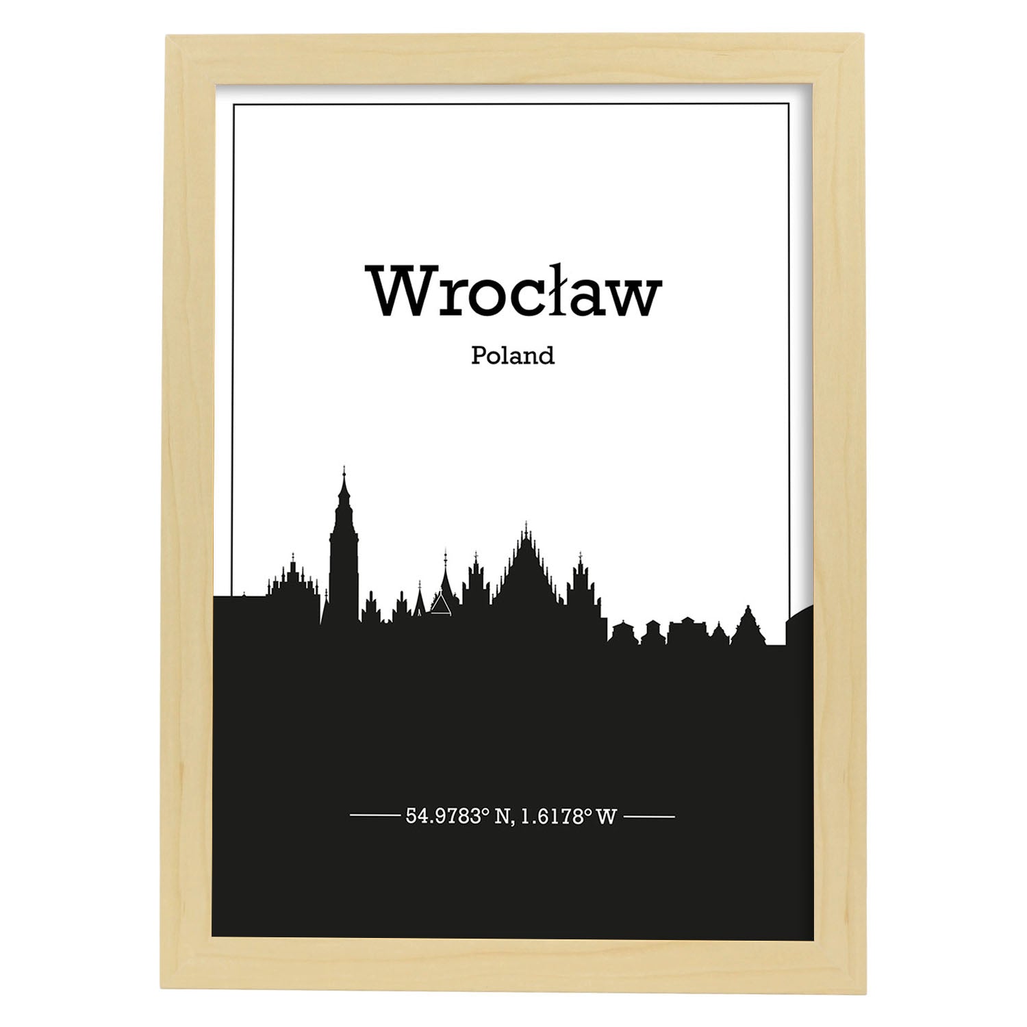 Poster con mapa de Wroclaw - Polonia. Láminas con Skyline de ciudades de Europa con sombra negra.-Artwork-Nacnic-A3-Marco Madera clara-Nacnic Estudio SL
