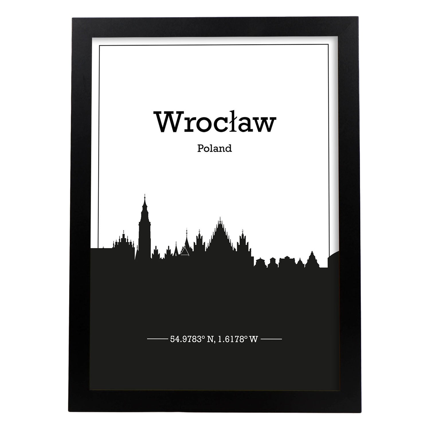 Poster con mapa de Wroclaw - Polonia. Láminas con Skyline de ciudades de Europa con sombra negra.-Artwork-Nacnic-A3-Marco Negro-Nacnic Estudio SL