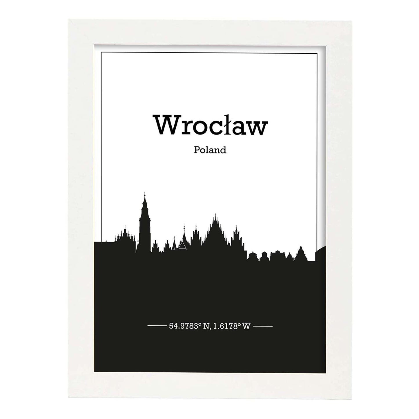 Poster con mapa de Wroclaw - Polonia. Láminas con Skyline de ciudades de Europa con sombra negra.-Artwork-Nacnic-A4-Marco Blanco-Nacnic Estudio SL