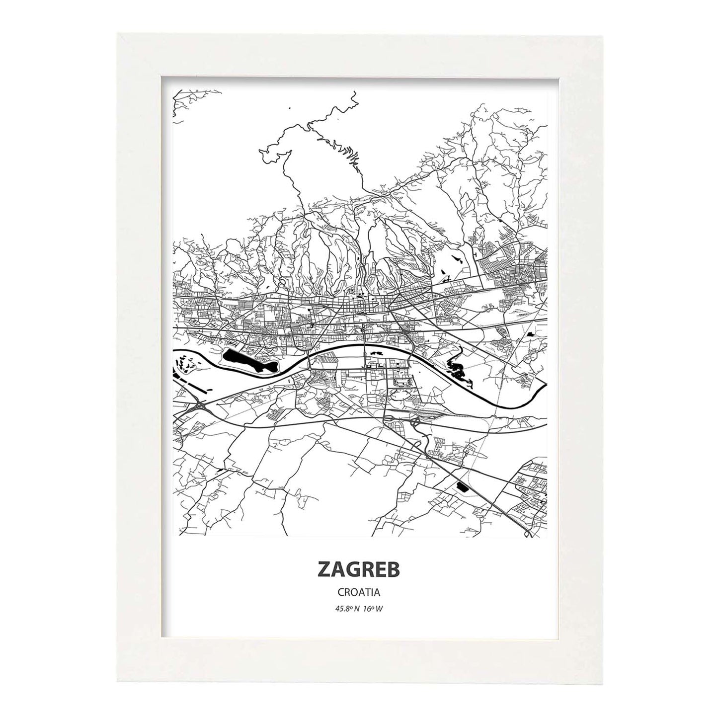 Poster con mapa de Zagreb - Croacia. Láminas de ciudades de Europa con mares y ríos en color negro.-Artwork-Nacnic-A3-Marco Blanco-Nacnic Estudio SL