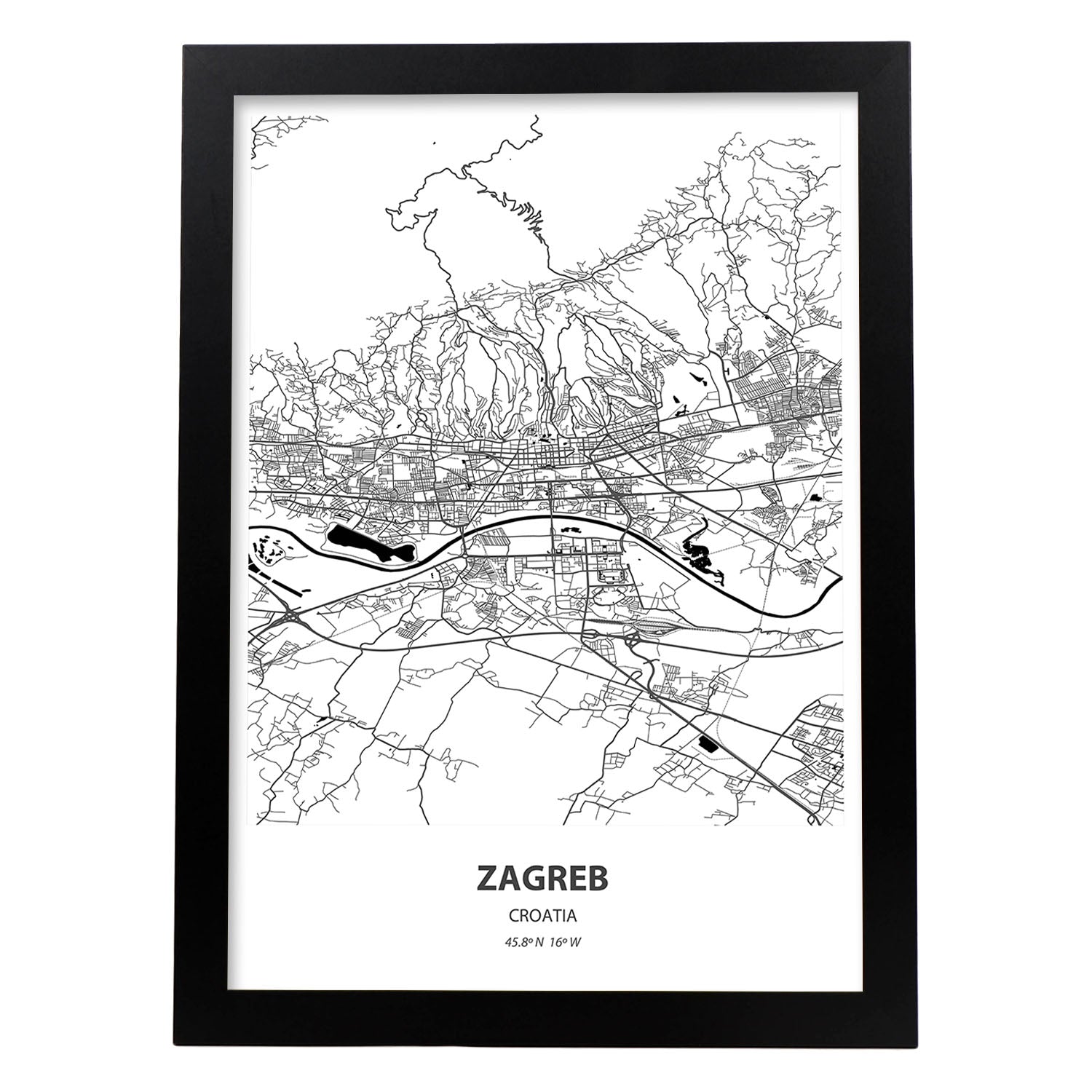 Poster con mapa de Zagreb - Croacia. Láminas de ciudades de Europa con mares y ríos en color negro.-Artwork-Nacnic-A3-Marco Negro-Nacnic Estudio SL