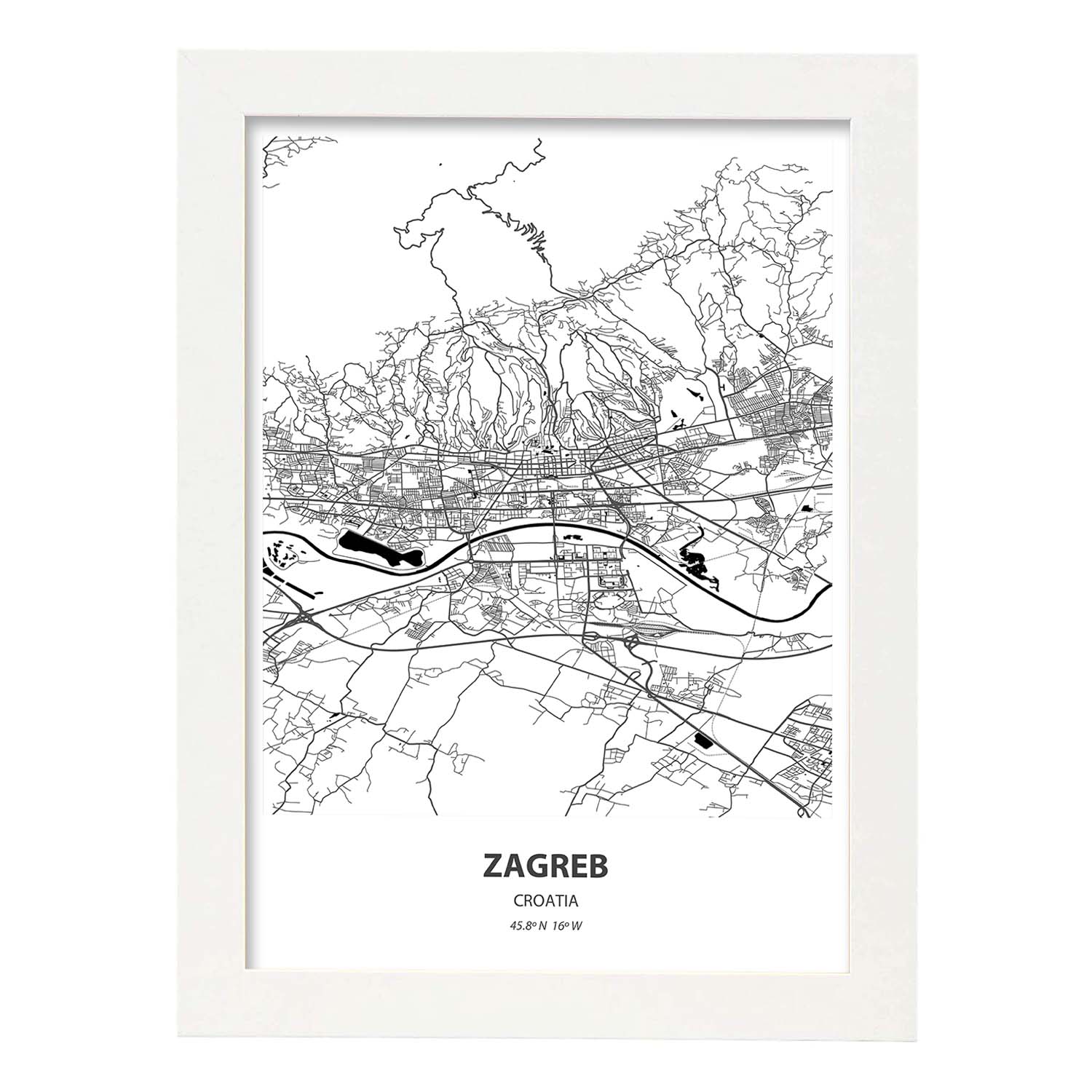 Poster con mapa de Zagreb - Croacia. Láminas de ciudades de Europa con mares y ríos en color negro.-Artwork-Nacnic-A4-Marco Blanco-Nacnic Estudio SL