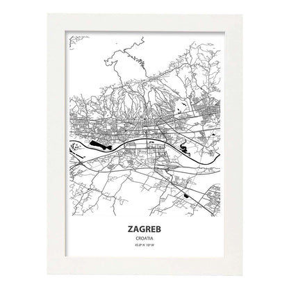 Poster con mapa de Zagreb - Croacia. Láminas de ciudades de Europa con mares y ríos en color negro.-Artwork-Nacnic-A4-Marco Blanco-Nacnic Estudio SL