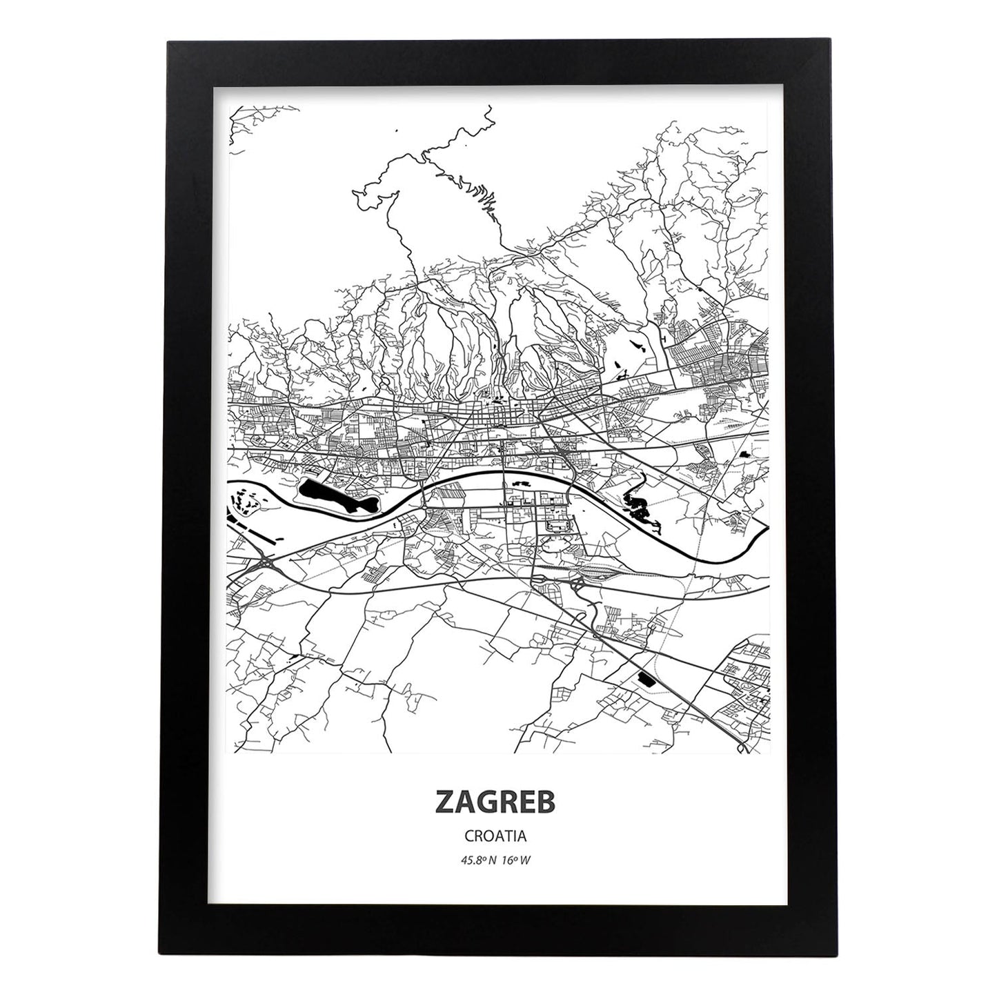 Poster con mapa de Zagreb - Croacia. Láminas de ciudades de Europa con mares y ríos en color negro.-Artwork-Nacnic-A4-Marco Negro-Nacnic Estudio SL