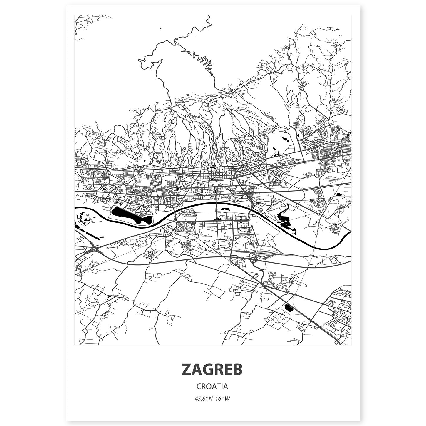 Poster con mapa de Zagreb - Croacia. Láminas de ciudades de Europa con mares y ríos en color negro.-Artwork-Nacnic-A4-Sin marco-Nacnic Estudio SL