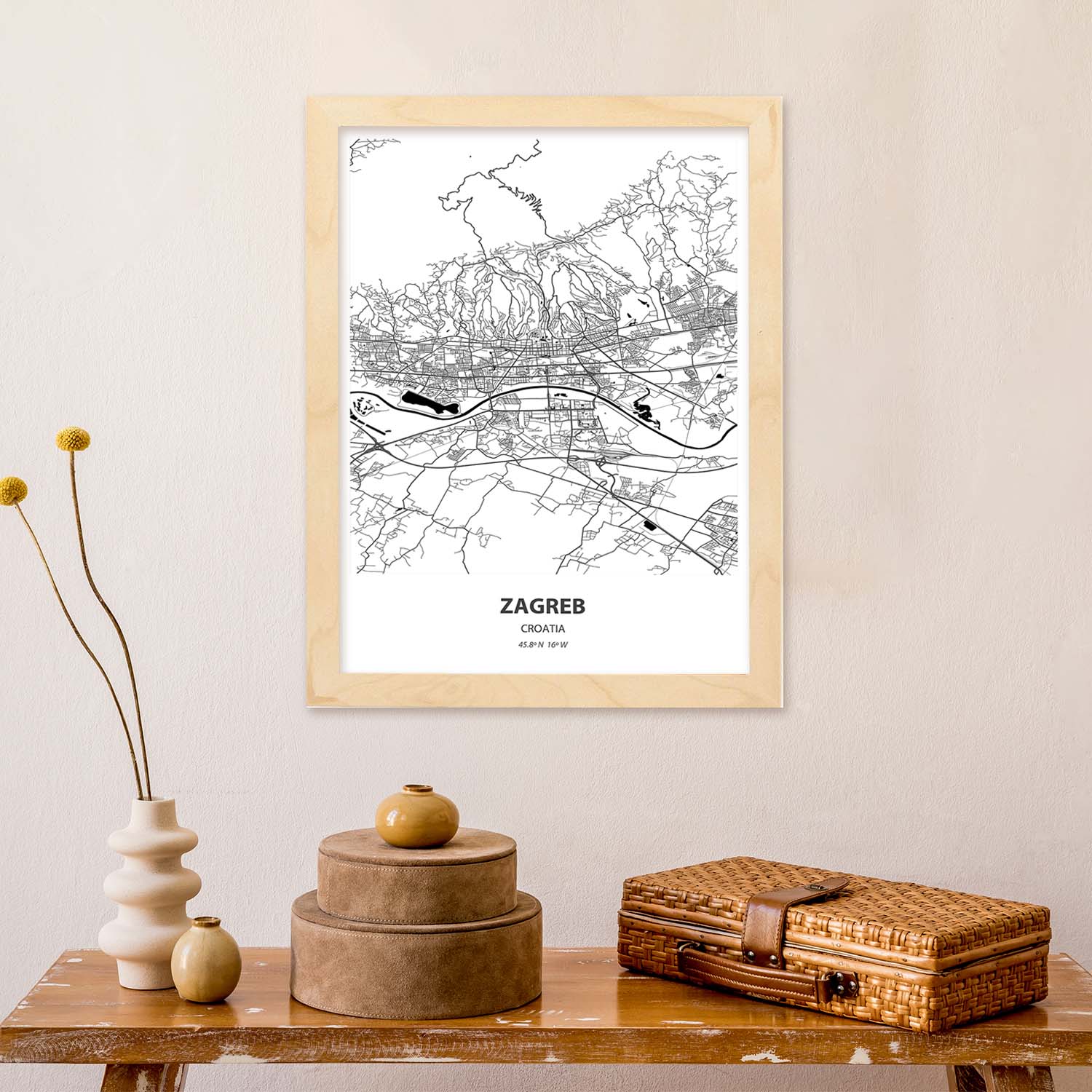 Poster con mapa de Zagreb - Croacia. Láminas de ciudades de Europa con mares y ríos en color negro.-Artwork-Nacnic-Nacnic Estudio SL