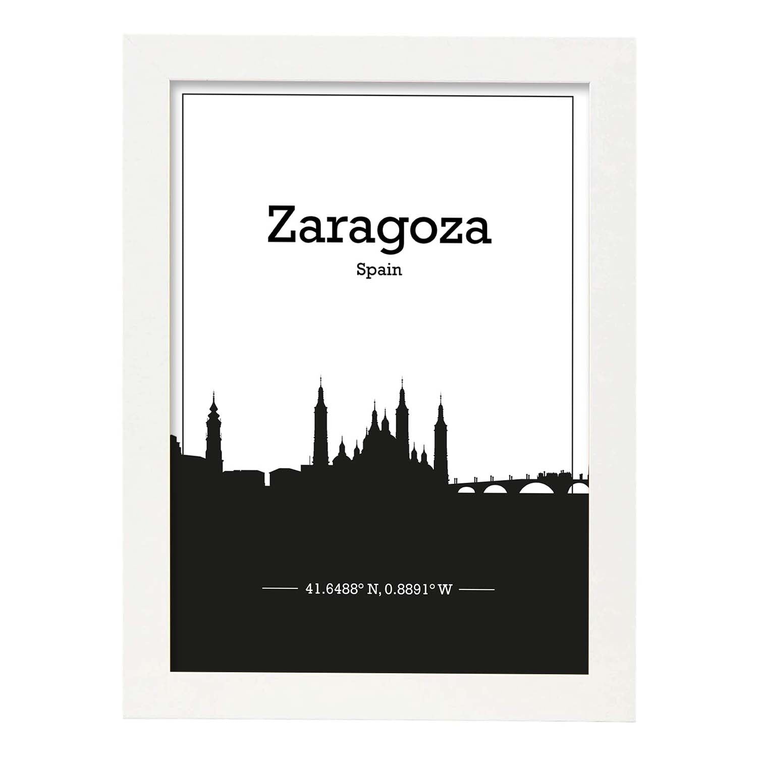 Poster con mapa de Zaragoza - España. Láminas con Skyline de ciudades de Europa con sombra negra.-Artwork-Nacnic-A3-Marco Blanco-Nacnic Estudio SL