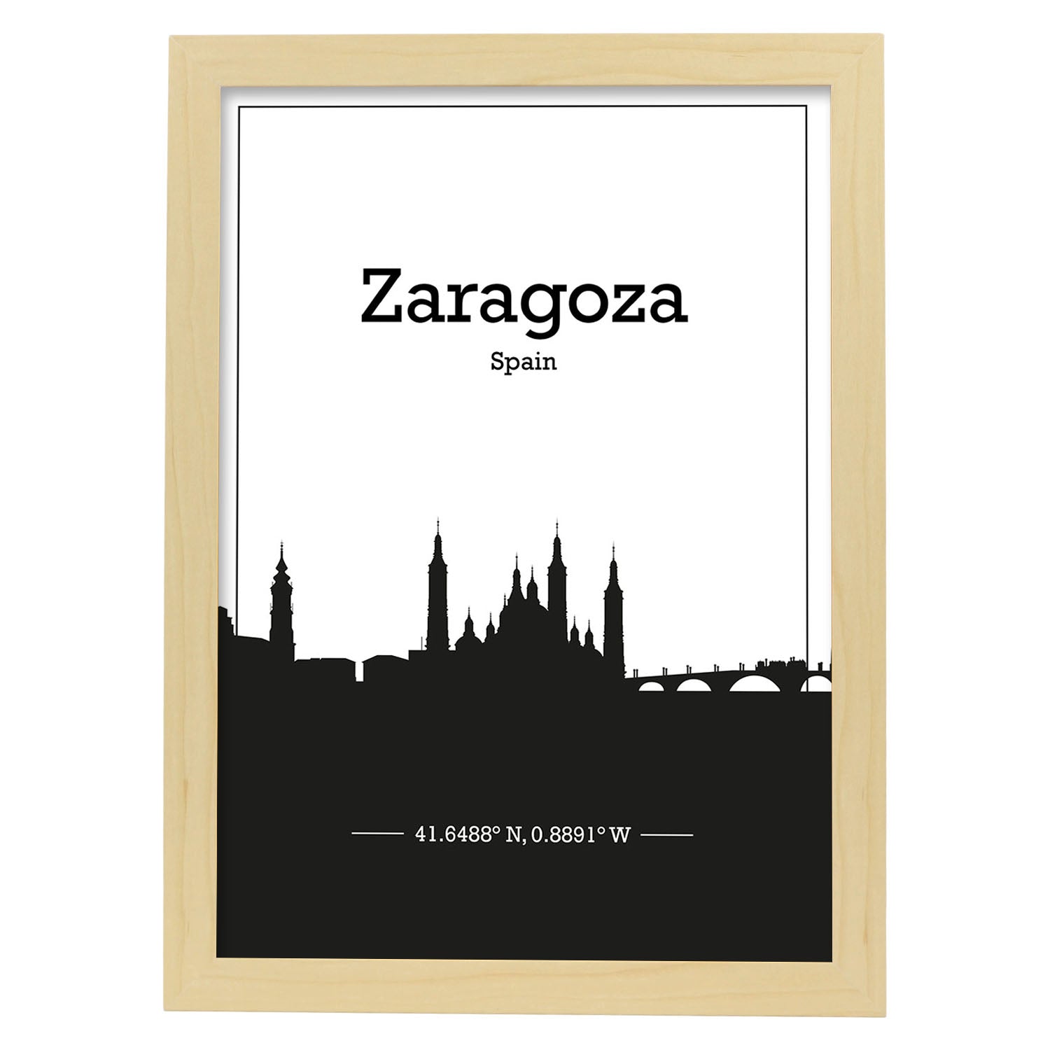 Poster con mapa de Zaragoza - España. Láminas con Skyline de ciudades de Europa con sombra negra.-Artwork-Nacnic-A3-Marco Madera clara-Nacnic Estudio SL