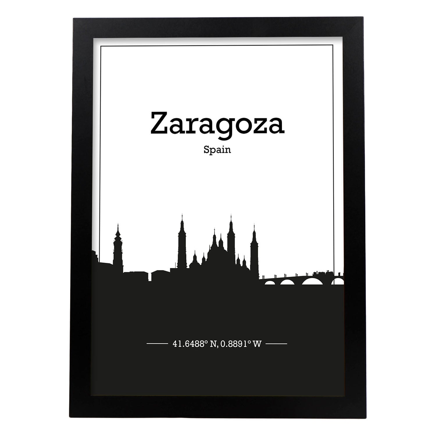 Poster con mapa de Zaragoza - España. Láminas con Skyline de ciudades de Europa con sombra negra.-Artwork-Nacnic-A3-Marco Negro-Nacnic Estudio SL