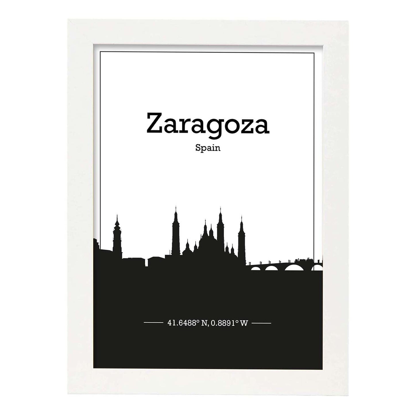 Poster con mapa de Zaragoza - España. Láminas con Skyline de ciudades de Europa con sombra negra.-Artwork-Nacnic-A4-Marco Blanco-Nacnic Estudio SL