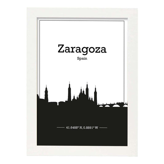 Poster con mapa de Zaragoza - España. Láminas con Skyline de ciudades de Europa con sombra negra.-Artwork-Nacnic-A4-Marco Blanco-Nacnic Estudio SL