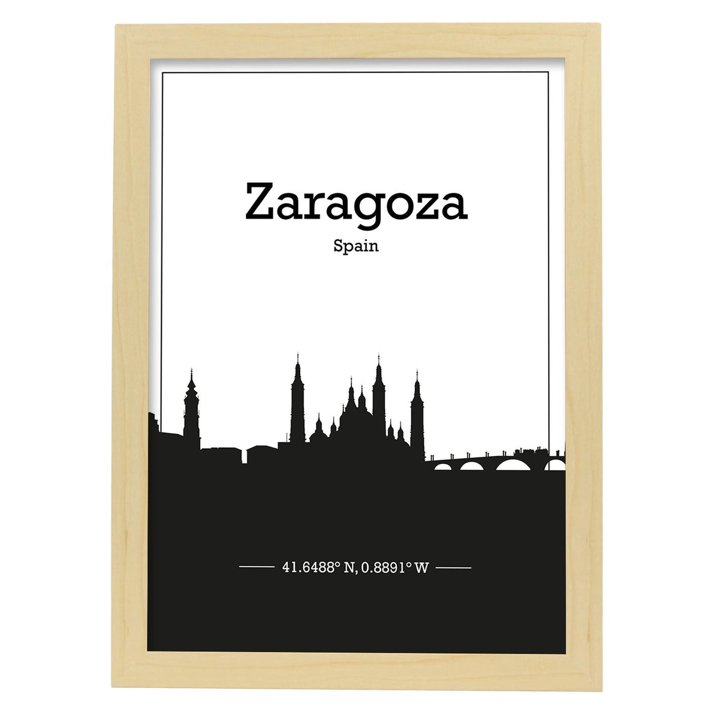 Poster con mapa de Zaragoza - España. Láminas con Skyline de ciudades de Europa con sombra negra.-Artwork-Nacnic-A4-Marco Madera clara-Nacnic Estudio SL