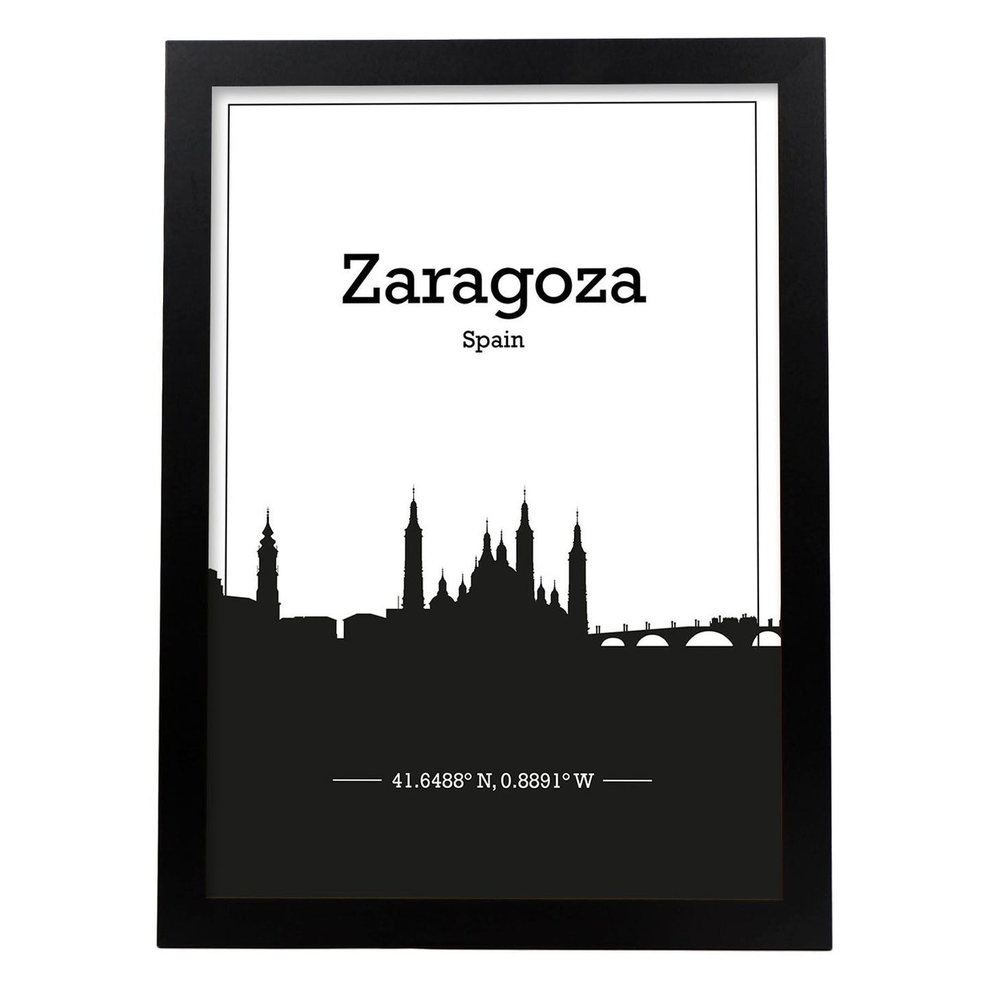 Poster con mapa de Zaragoza - España. Láminas con Skyline de ciudades de Europa con sombra negra.-Artwork-Nacnic-A4-Marco Negro-Nacnic Estudio SL