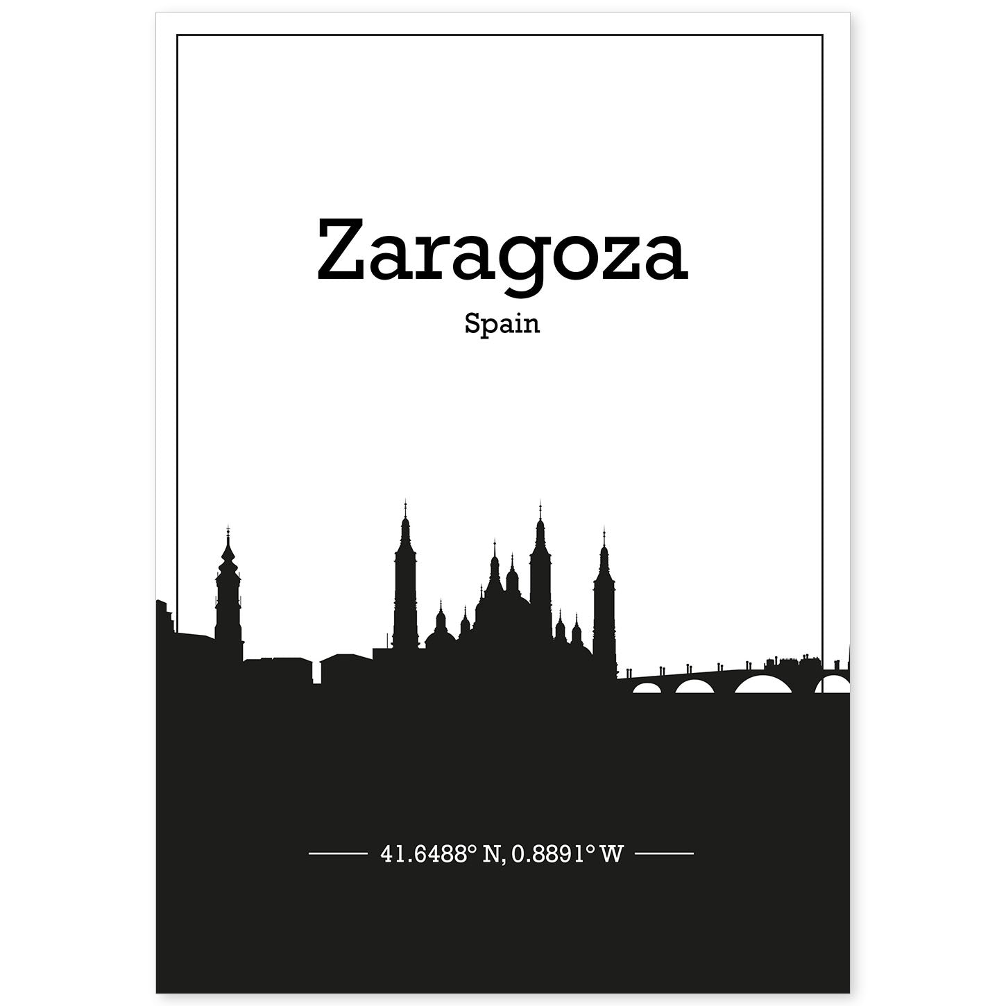 Poster con mapa de Zaragoza - España. Láminas con Skyline de ciudades de Europa con sombra negra.-Artwork-Nacnic-A4-Sin marco-Nacnic Estudio SL
