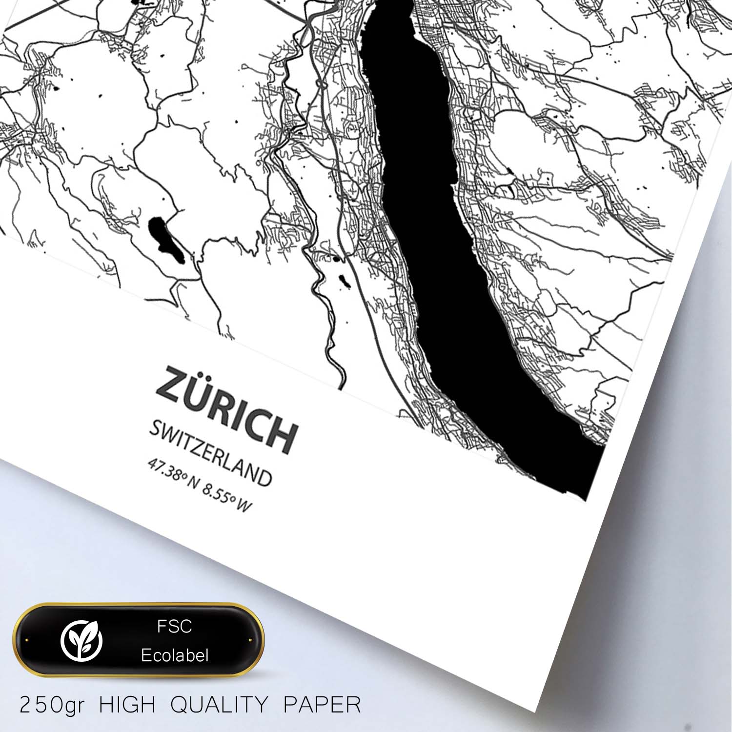 Poster con mapa de Zurich - Suiza. Láminas de ciudades de Europa con mares y ríos en color negro.-Artwork-Nacnic-Nacnic Estudio SL