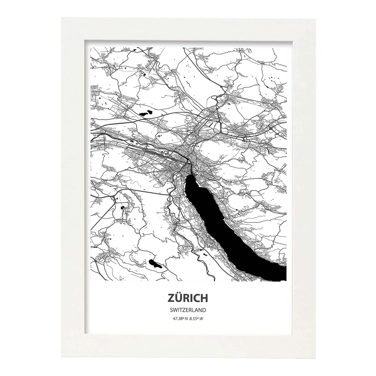 Poster con mapa de Zurich - Suiza. Láminas de ciudades de Europa con mares y ríos en color negro.-Artwork-Nacnic-A3-Marco Blanco-Nacnic Estudio SL