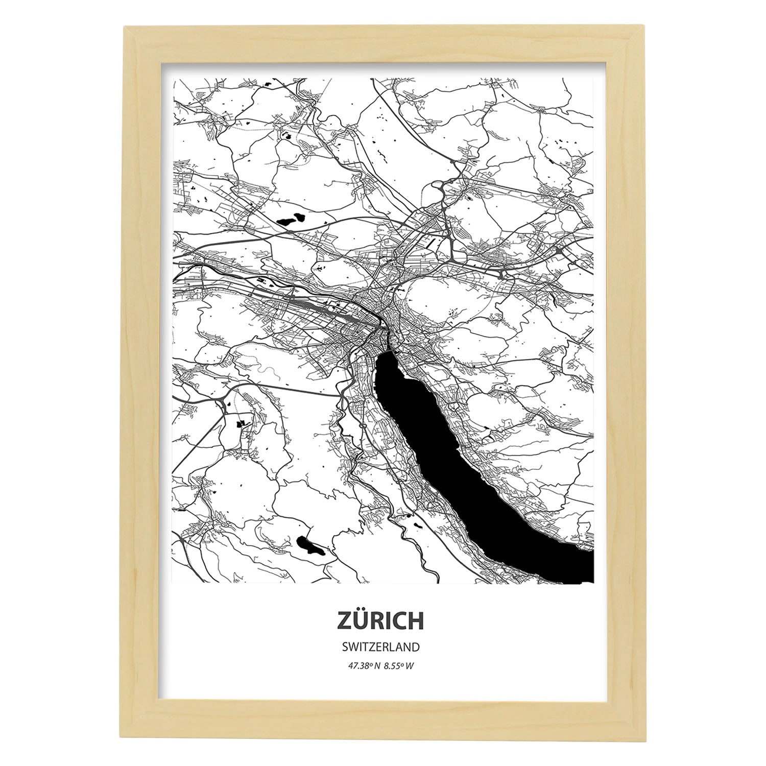 Poster con mapa de Zurich - Suiza. Láminas de ciudades de Europa con mares y ríos en color negro.-Artwork-Nacnic-A3-Marco Madera clara-Nacnic Estudio SL