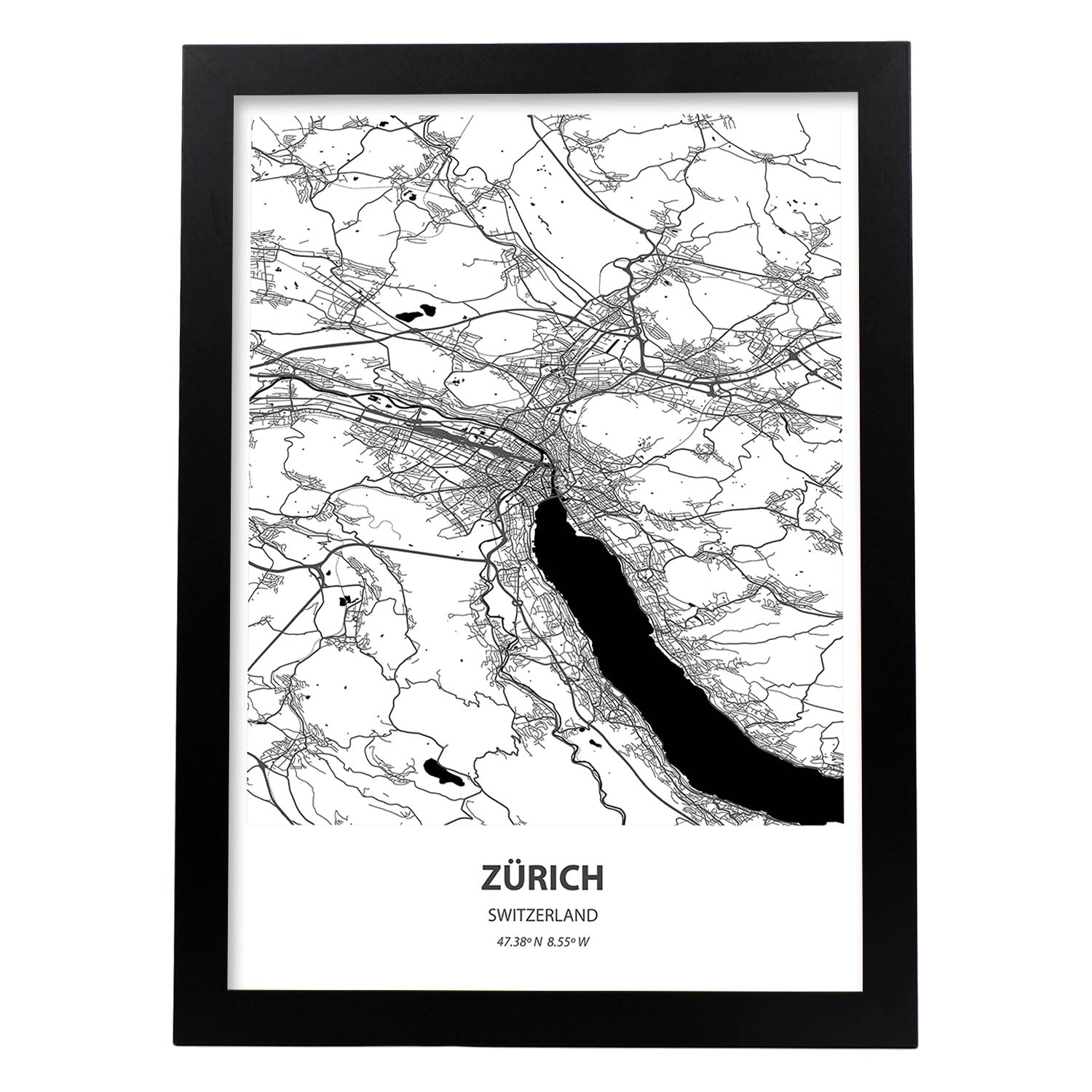 Poster con mapa de Zurich - Suiza. Láminas de ciudades de Europa con mares y ríos en color negro.-Artwork-Nacnic-A3-Marco Negro-Nacnic Estudio SL
