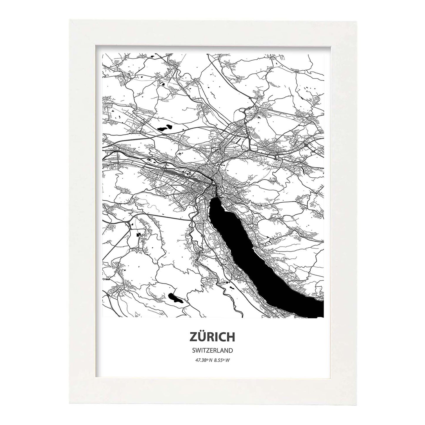 Poster con mapa de Zurich - Suiza. Láminas de ciudades de Europa con mares y ríos en color negro.-Artwork-Nacnic-A4-Marco Blanco-Nacnic Estudio SL