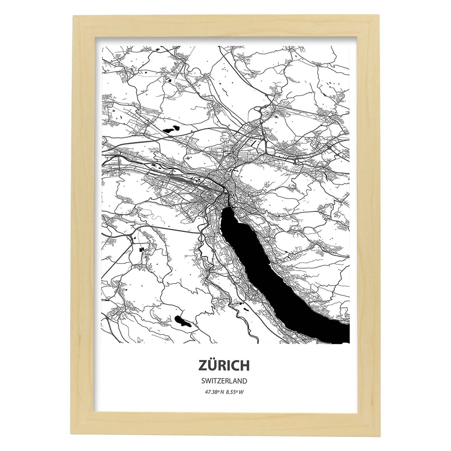 Poster con mapa de Zurich - Suiza. Láminas de ciudades de Europa con mares y ríos en color negro.-Artwork-Nacnic-A4-Marco Madera clara-Nacnic Estudio SL