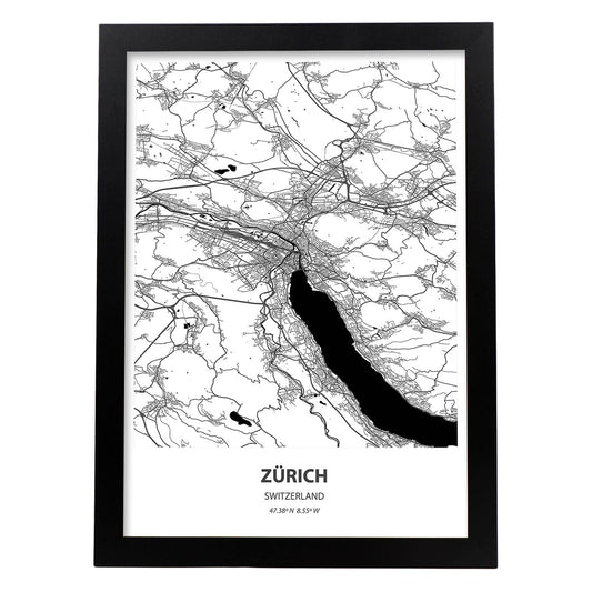 Poster con mapa de Zurich - Suiza. Láminas de ciudades de Europa con mares y ríos en color negro.-Artwork-Nacnic-A4-Marco Negro-Nacnic Estudio SL