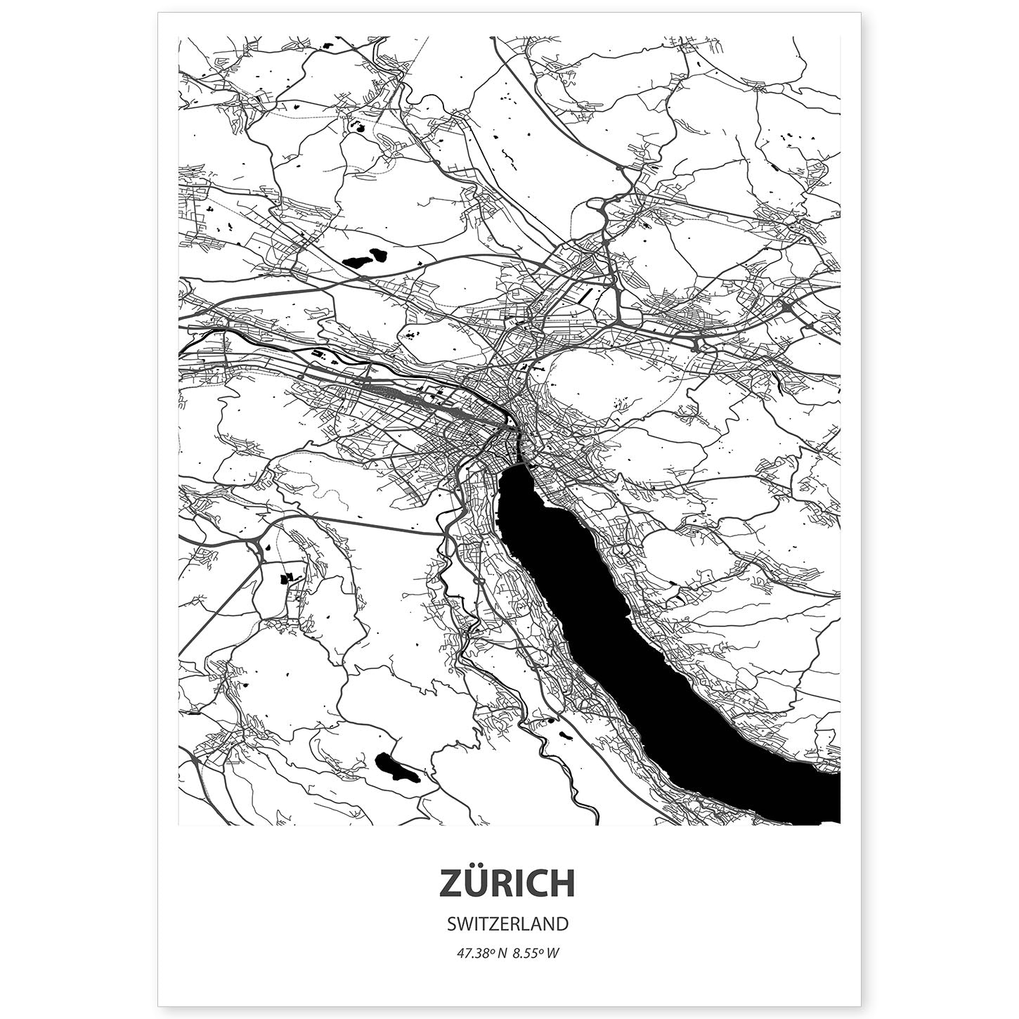 Poster con mapa de Zurich - Suiza. Láminas de ciudades de Europa con mares y ríos en color negro.-Artwork-Nacnic-A4-Sin marco-Nacnic Estudio SL