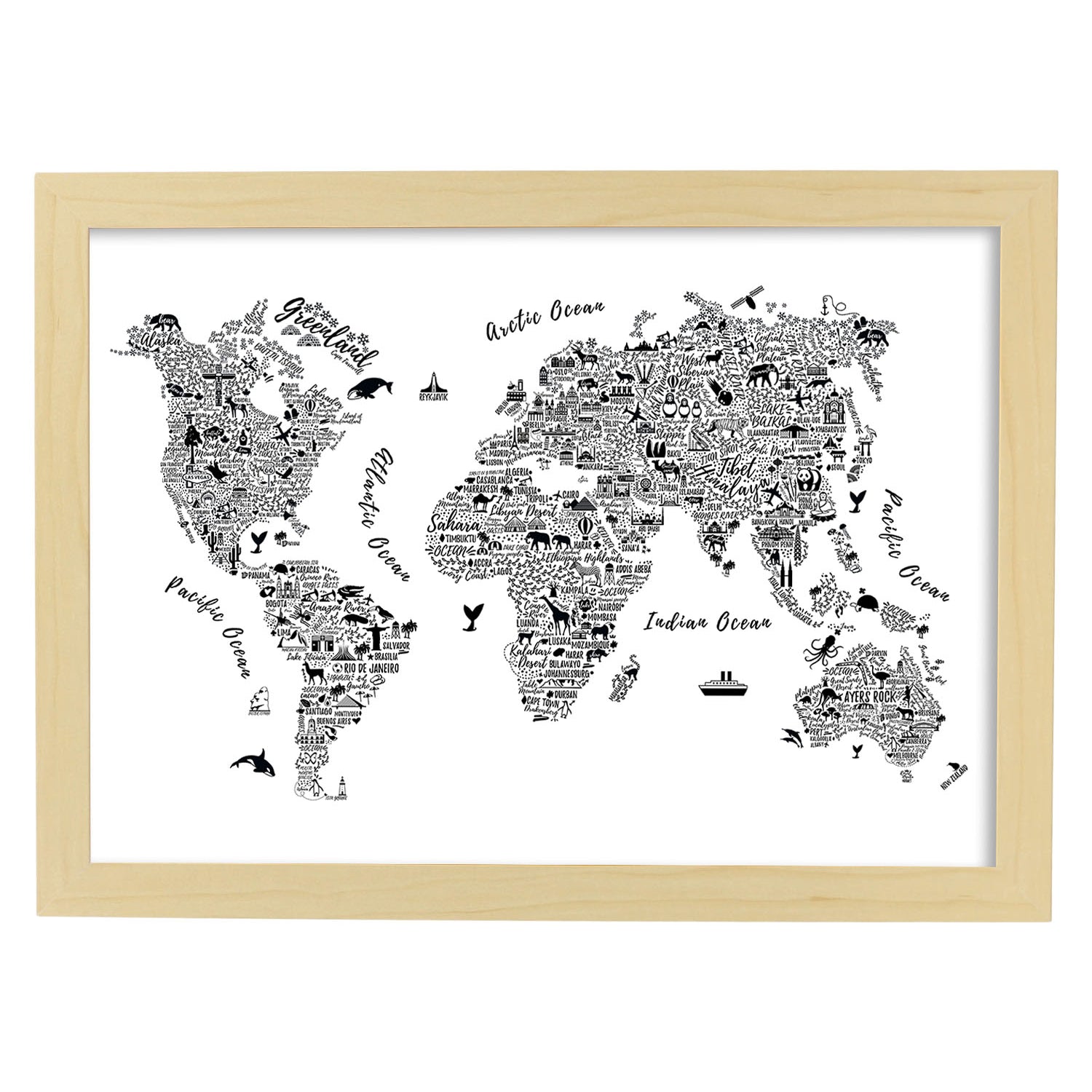 Poster con mapa tipográfico color blanco. Láminas con mapas del mundo.-Artwork-Nacnic-A3-Marco Madera clara-Nacnic Estudio SL
