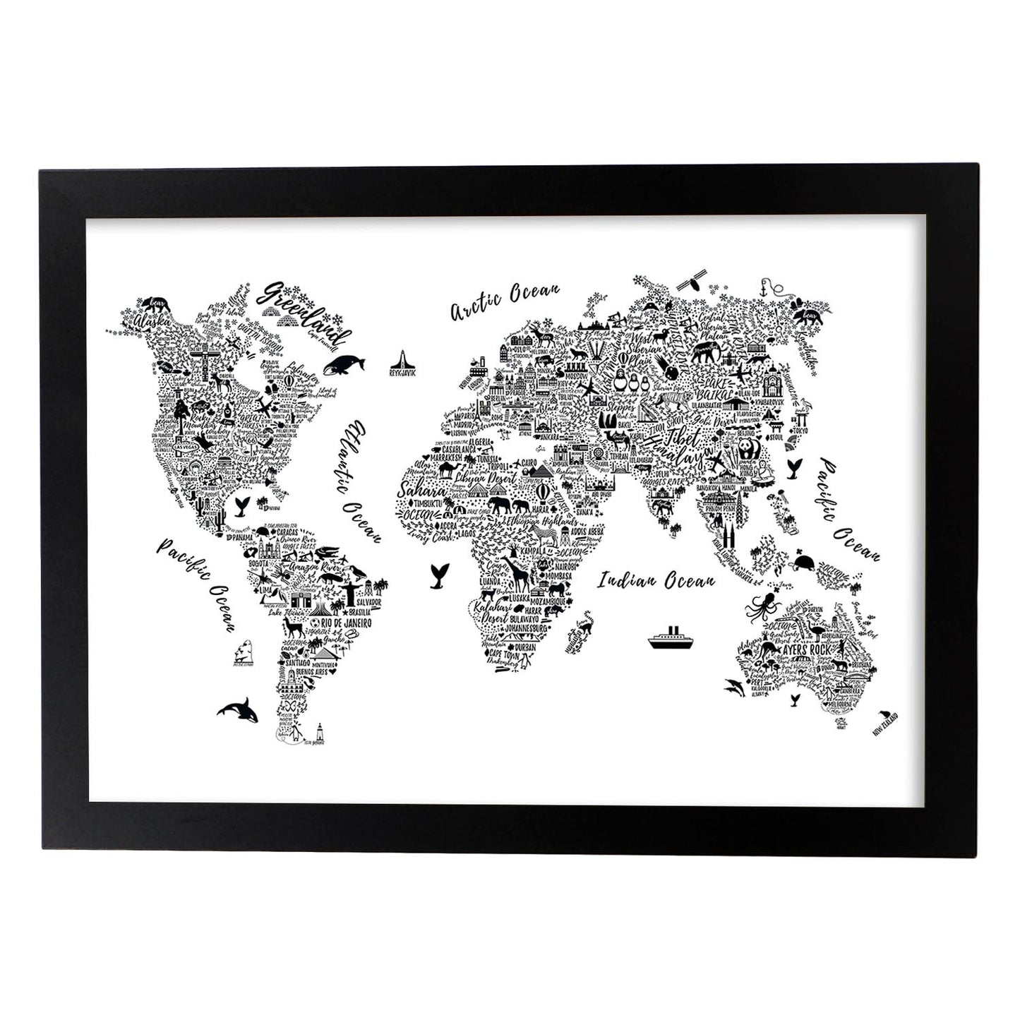 Poster con mapa tipográfico color blanco. Láminas con mapas del mundo.-Artwork-Nacnic-A3-Marco Negro-Nacnic Estudio SL