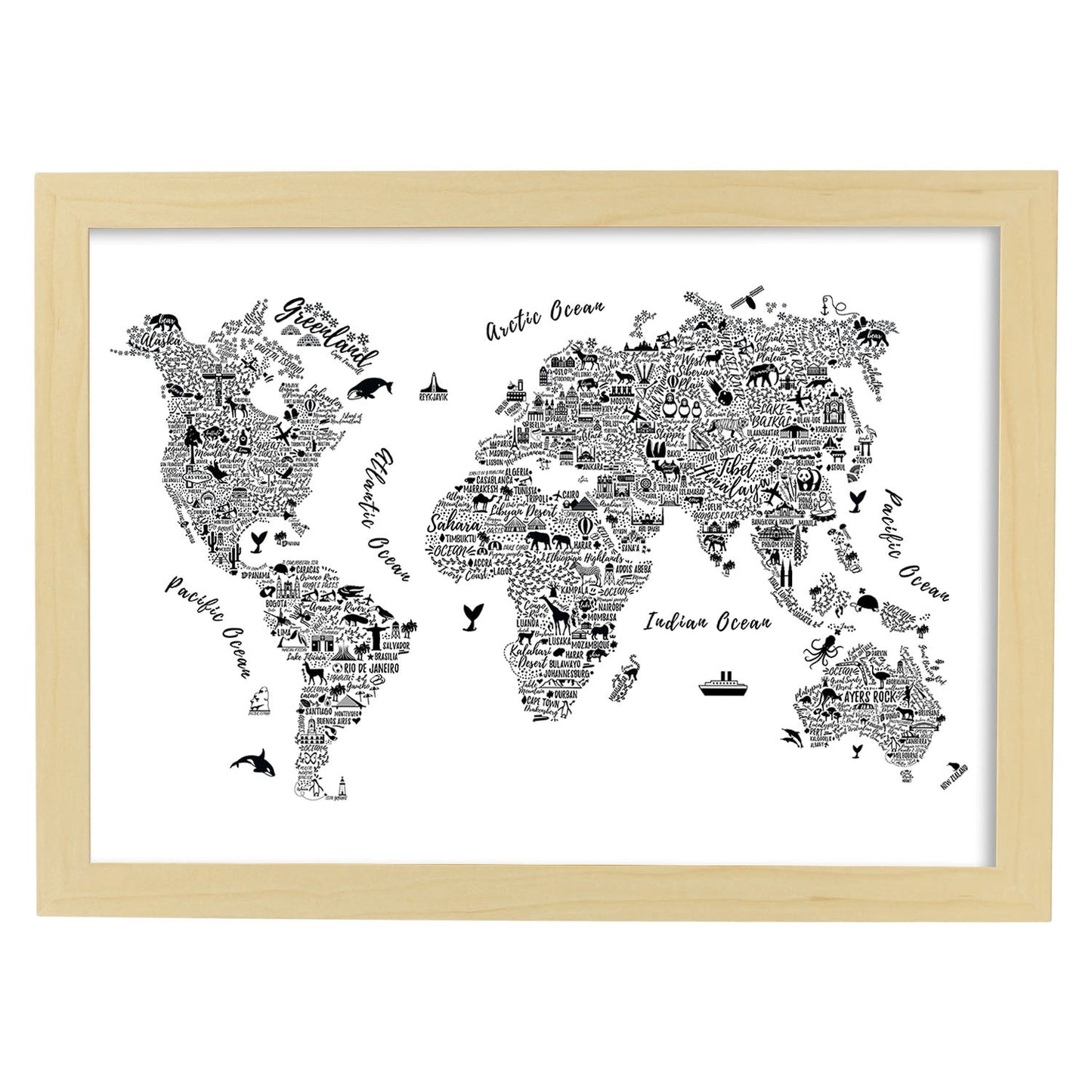 Poster con mapa tipográfico color blanco. Láminas con mapas del mundo.-Artwork-Nacnic-A4-Marco Madera clara-Nacnic Estudio SL