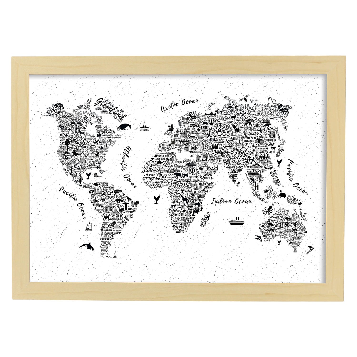 Poster con mapa tipográfico. Láminas con mapas del mundo.-Artwork-Nacnic-A3-Marco Madera clara-Nacnic Estudio SL