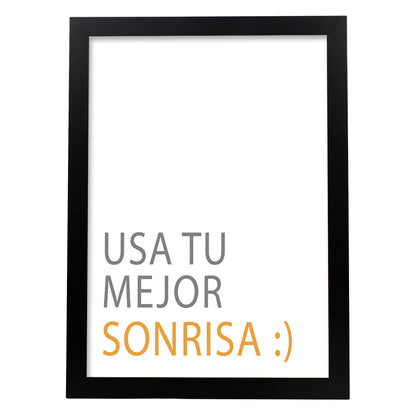 Poster con mensaje feliz. Lámina Usa tu mejor sonrisa.-Artwork-Nacnic-A4-Marco Negro-Nacnic Estudio SL