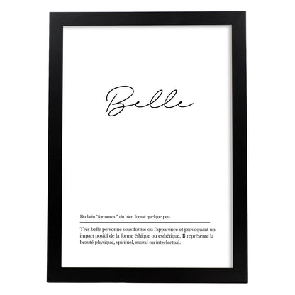 Poster con palabras en francés. Lámina Belle con definición y fondo blanco.-Artwork-Nacnic-A4-Marco Negro-Nacnic Estudio SL