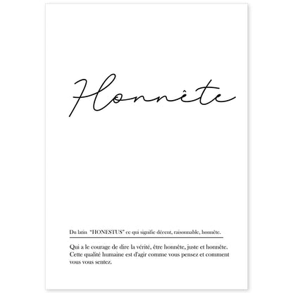 Poster con palabras en francés. Lámina Honnete con definición y fondo blanco.-Artwork-Nacnic-A4-Sin marco-Nacnic Estudio SL