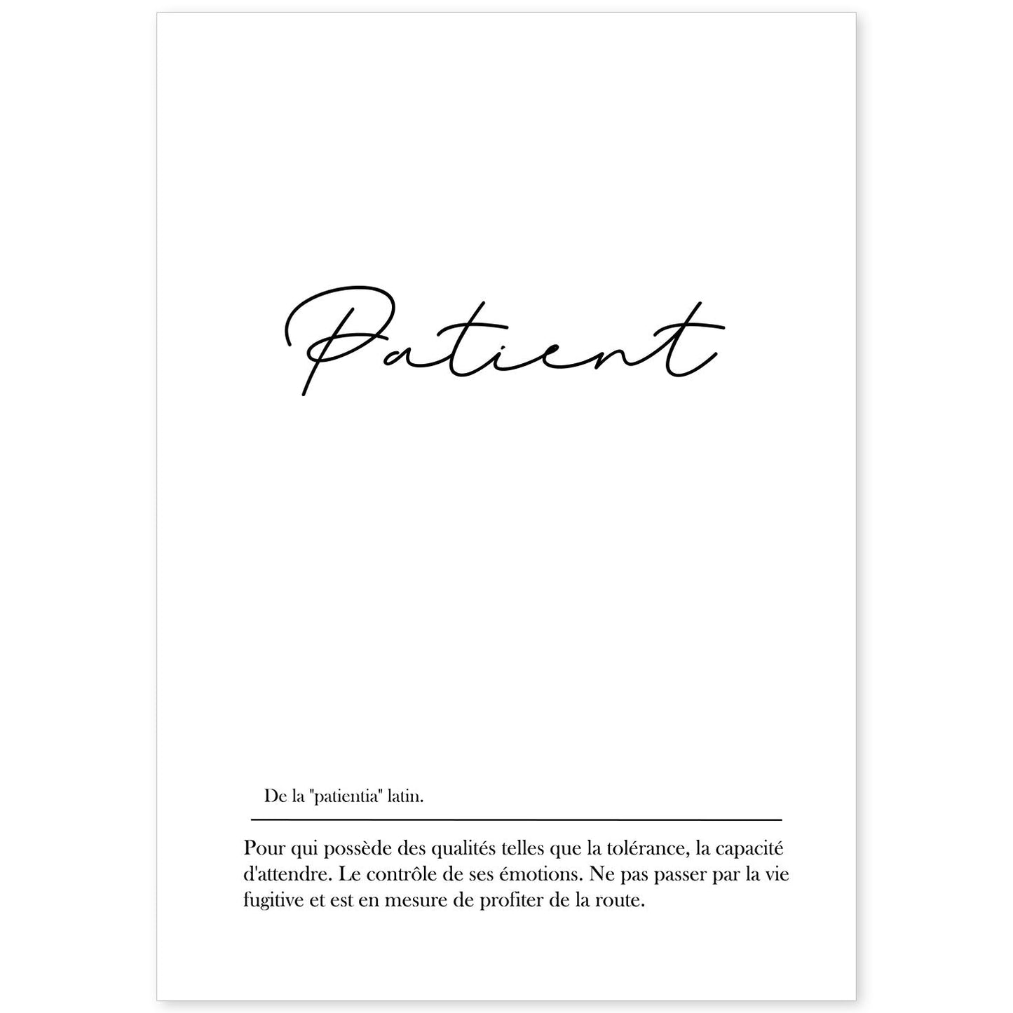 Poster con palabras en francés. Lámina Patient con definición y fondo blanco.-Artwork-Nacnic-A4-Sin marco-Nacnic Estudio SL
