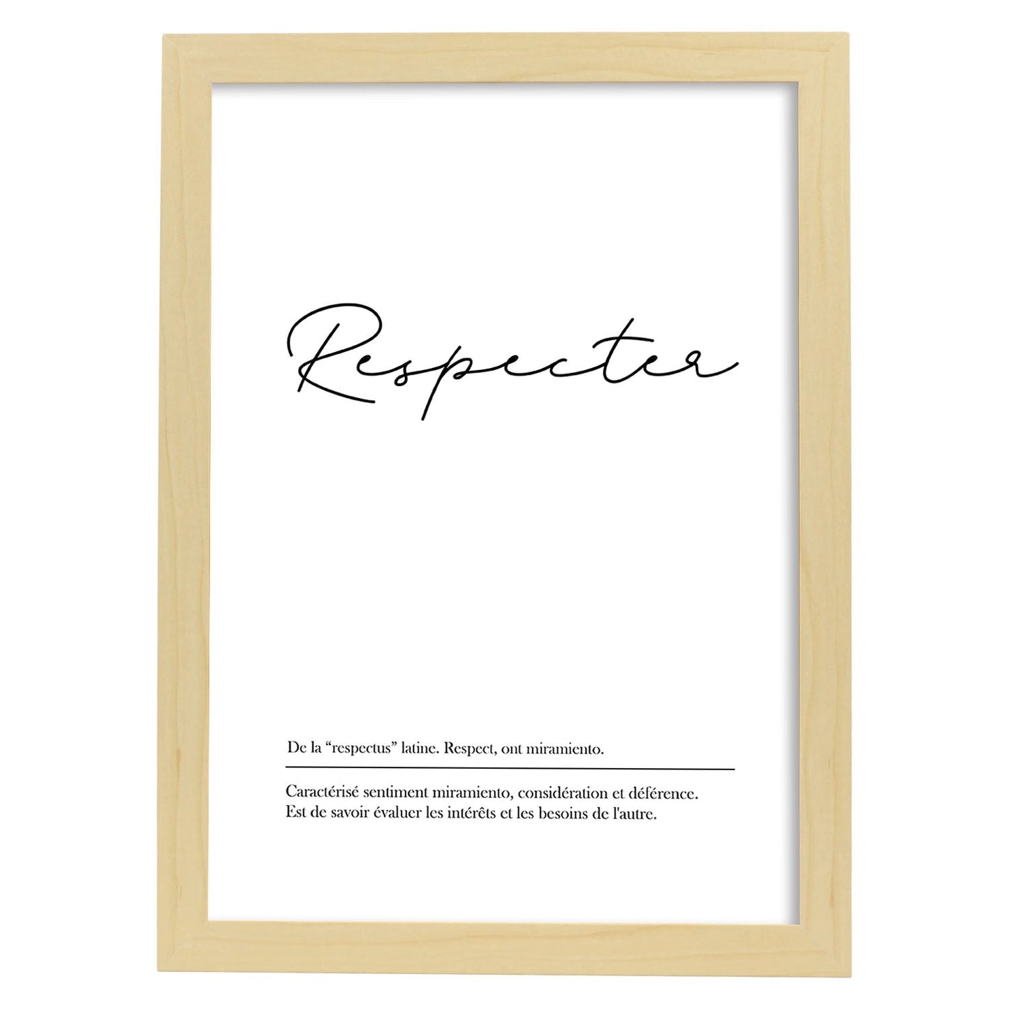 Poster con palabras en francés. Lámina Respecter con definición y fondo blanco.-Artwork-Nacnic-A4-Marco Madera clara-Nacnic Estudio SL