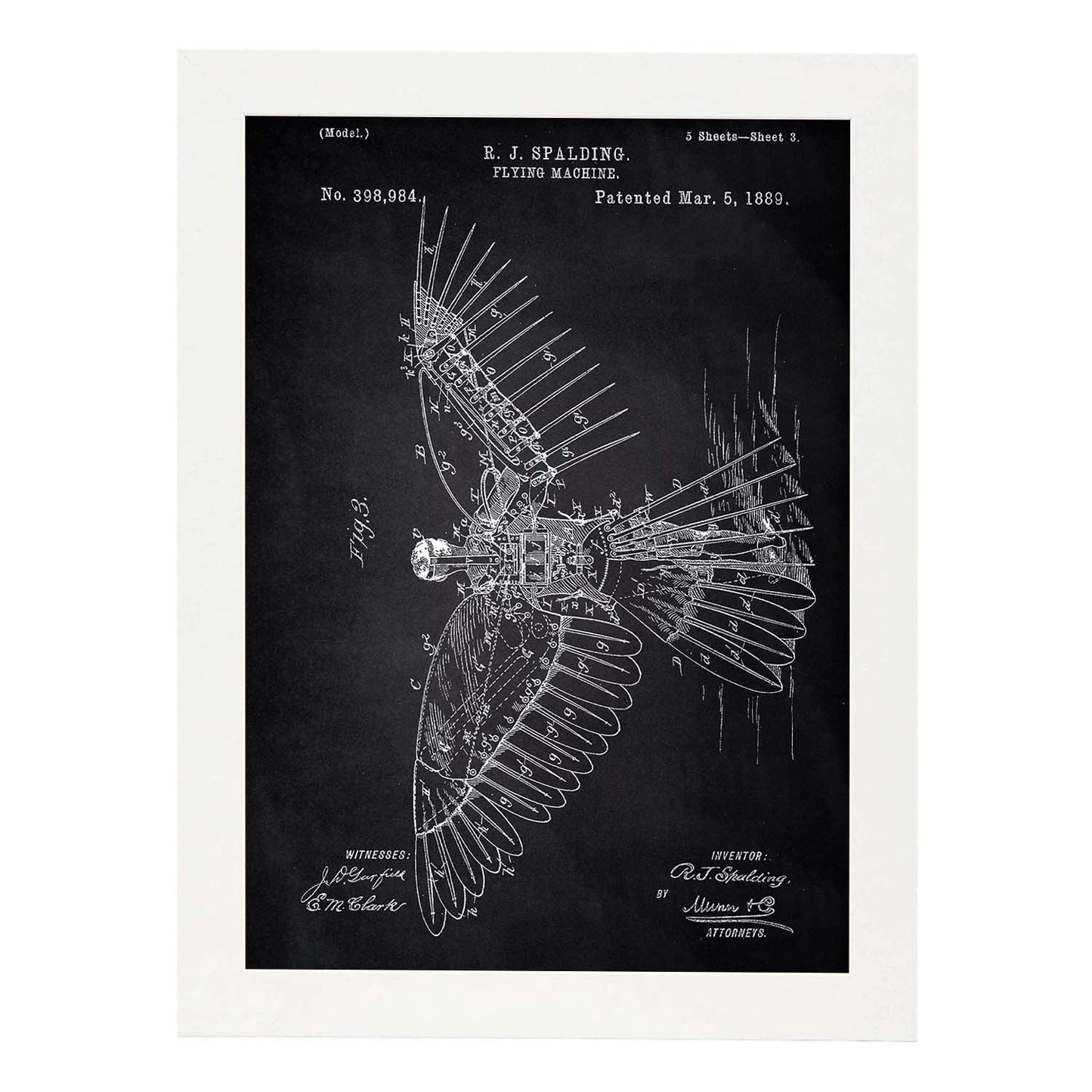 Poster con patente de Alas humanas 2. Lámina con diseño de patente antigua-Artwork-Nacnic-A3-Marco Blanco-Nacnic Estudio SL