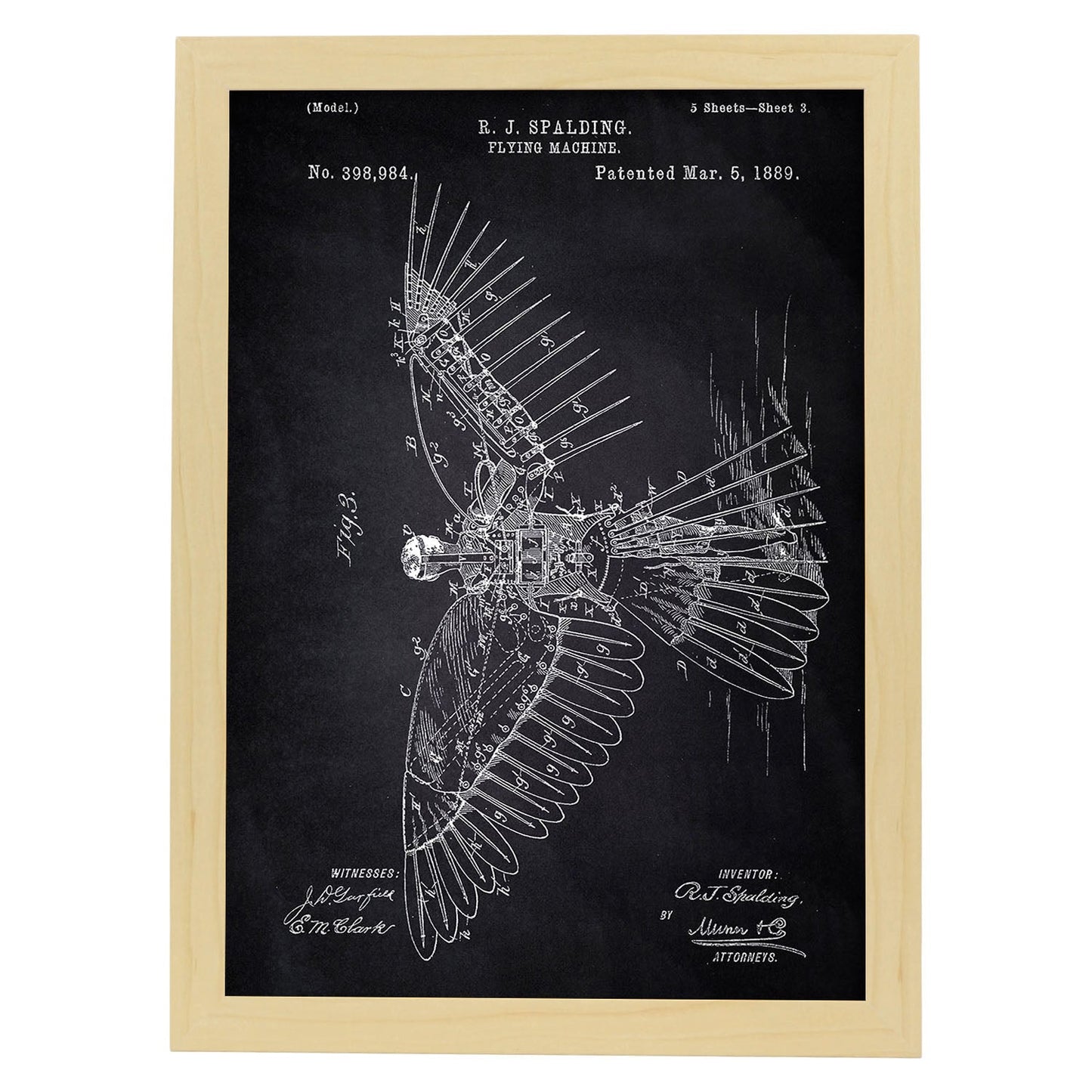 Poster con patente de Alas humanas 2. Lámina con diseño de patente antigua-Artwork-Nacnic-A3-Marco Madera clara-Nacnic Estudio SL