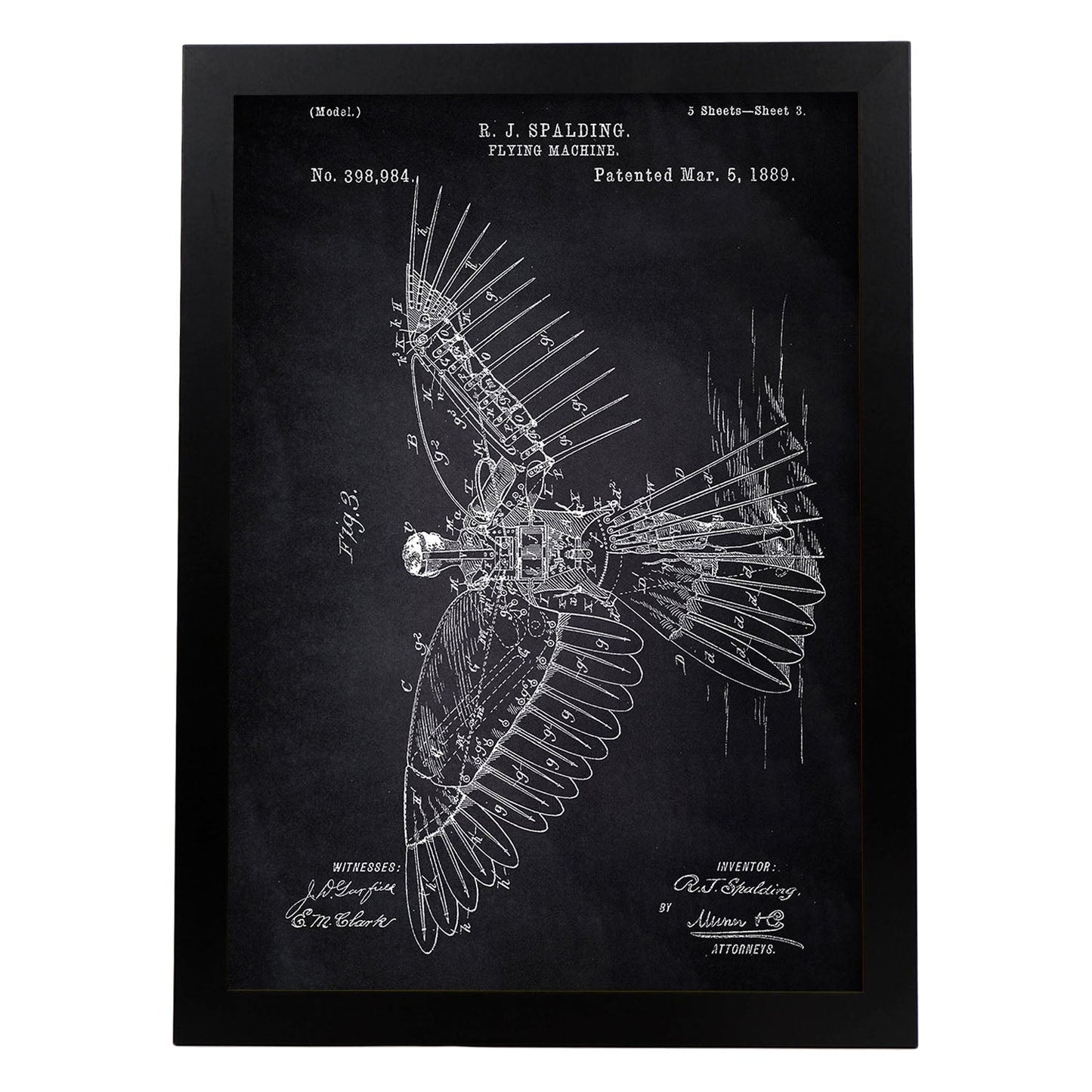 Poster con patente de Alas humanas 2. Lámina con diseño de patente antigua-Artwork-Nacnic-A3-Marco Negro-Nacnic Estudio SL