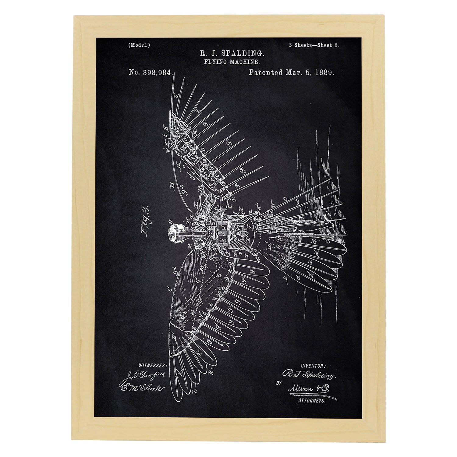Poster con patente de Alas humanas 2. Lámina con diseño de patente antigua-Artwork-Nacnic-A4-Marco Madera clara-Nacnic Estudio SL